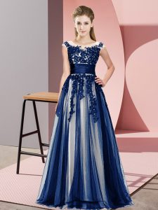 Sleeveless Tulle Floor Length Zipper Quinceanera Dama Dress in Navy Blue with Beading and Lace