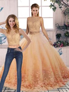 Peach Sleeveless Lace Backless Sweet 16 Dress