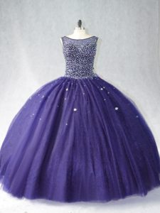 Smart Scoop Sleeveless Quinceanera Gowns Floor Length Beading Purple Tulle