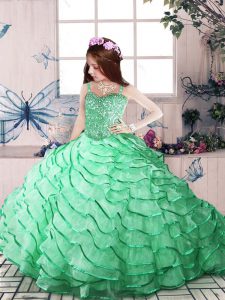Sleeveless Organza Court Train Lace Up Pageant Dress for Teens in Apple Green with Beading and Ruffled Layers