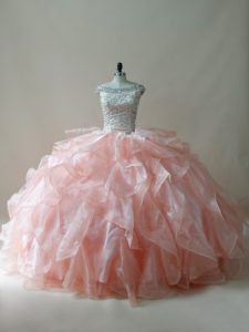 Luxury Peach Ball Gown Prom Dress Sweet 16 and Quinceanera with Beading and Ruffles Off The Shoulder Sleeveless Zipper