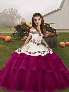 Gorgeous Fuchsia Ball Gowns Tulle Straps Sleeveless Embroidery and Ruffled Layers Floor Length Lace Up Pageant Gowns For Girls