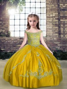 Cute Olive Green Ball Gowns Off The Shoulder Sleeveless Tulle Floor Length Lace Up Beading Pageant Gowns For Girls