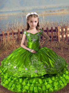 Floor Length Little Girl Pageant Dress Satin and Organza Sleeveless Embroidery and Ruffled Layers