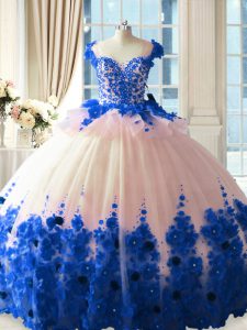 High Quality Blue And White Scoop Zipper Hand Made Flower Ball Gown Prom Dress Brush Train Sleeveless
