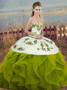 Sumptuous Floor Length Lace Up Sweet 16 Quinceanera Dress Olive Green for Military Ball and Sweet 16 and Quinceanera with Embroidery and Ruffles and Bowknot