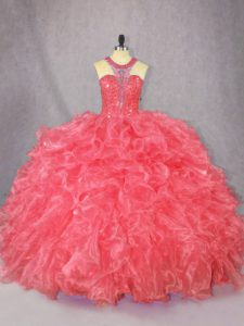 Shining Coral Red Scoop Zipper Beading and Ruffles Quinceanera Gowns Sleeveless