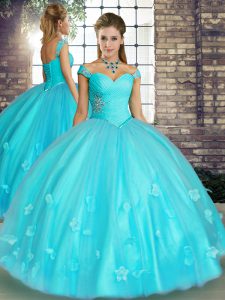 Custom Design Aqua Blue Off The Shoulder Lace Up Beading and Appliques Sweet 16 Quinceanera Dress Sleeveless