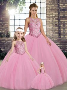 Luxurious Scoop Sleeveless Tulle 15 Quinceanera Dress Embroidery Lace Up