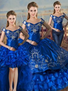 Satin and Organza Sleeveless Floor Length Quinceanera Dresses and Embroidery and Ruffled Layers
