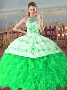 Hot Selling Green Halter Top Neckline Embroidery and Ruffles Sweet 16 Dress Sleeveless Lace Up