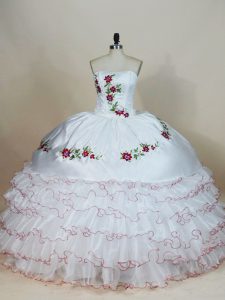 White Sweet 16 Dresses Sweet 16 and Quinceanera with Embroidery and Ruffled Layers Strapless Sleeveless Lace Up