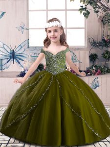 Top Selling Olive Green Sleeveless Beading Floor Length Little Girl Pageant Gowns
