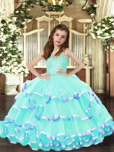 Classical Ruffled Layers Little Girls Pageant Dress Aqua Blue Lace Up Sleeveless Floor Length