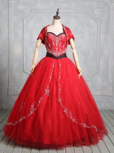 New Style Tulle Sweetheart Sleeveless Lace Up Embroidery Sweet 16 Dresses in Red