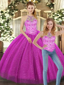 Graceful Fuchsia Sleeveless Tulle Lace Up Quinceanera Dresses for Military Ball and Sweet 16 and Quinceanera