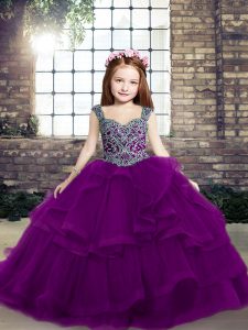Purple Tulle Lace Up Evening Gowns Sleeveless Floor Length Beading
