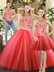 Red Sleeveless Embroidery Floor Length Sweet 16 Quinceanera Dress