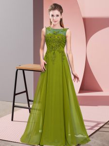 Olive Green Sleeveless Beading and Appliques Floor Length Dama Dress