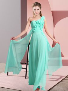 Suitable Apple Green Empire Chiffon One Shoulder Sleeveless Hand Made Flower Floor Length Lace Up Quinceanera Court of Honor Dress