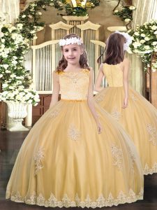 Gold Ball Gowns Tulle Scoop Sleeveless Appliques Floor Length Zipper Child Pageant Dress