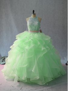 Fashion Apple Green Two Pieces Halter Top Sleeveless Backless Beading and Ruffles Quinceanera Gowns