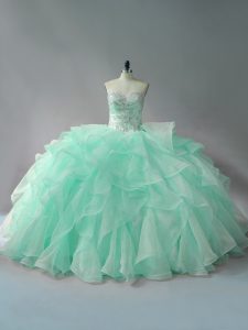 Top Selling Sleeveless Organza Court Train Lace Up Quinceanera Gown in Apple Green with Beading and Ruffles