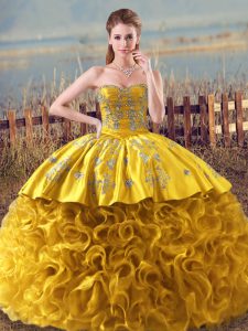Shining Gold Sleeveless Floor Length Embroidery and Ruffles Lace Up Quinceanera Dresses