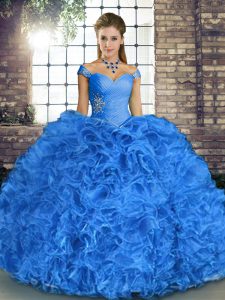 Chic Blue Organza Lace Up Quinceanera Dresses Sleeveless Floor Length Beading and Ruffles