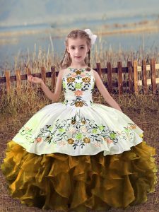 Scoop Sleeveless Little Girl Pageant Dress Floor Length Embroidery and Ruffles Brown Organza