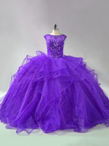 Purple Ball Gowns Scoop Sleeveless Organza Brush Train Lace Up Beading and Ruffles Quince Ball Gowns