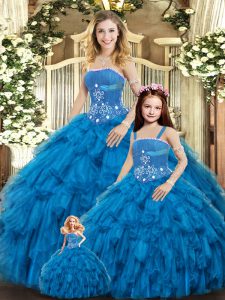 Blue Sleeveless Beading and Ruffles Floor Length Quinceanera Gown