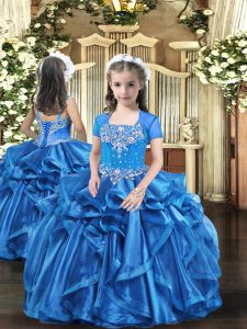 Baby Blue Ball Gowns Beading and Ruffles Little Girl Pageant Gowns Lace Up Organza Sleeveless Floor Length