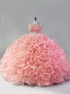 Gorgeous Floor Length Zipper Quinceanera Dresses Pink for Sweet 16 and Quinceanera with Beading and Ruffles