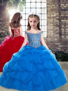 Sleeveless Floor Length Beading Lace Up Little Girl Pageant Gowns with Blue