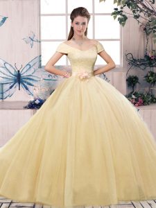 Fantastic Champagne Quinceanera Gown Military Ball and Sweet 16 and Quinceanera with Lace and Hand Made Flower Off The Shoulder Short Sleeves Lace Up