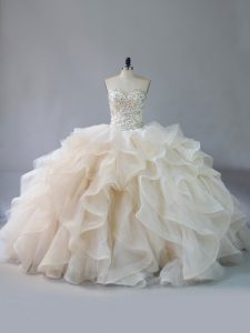 Affordable Sweetheart Sleeveless Organza Quinceanera Dresses Beading and Ruffles Brush Train Lace Up