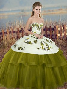 Captivating Sweetheart Sleeveless Ball Gown Prom Dress Floor Length Embroidery and Bowknot Olive Green Tulle