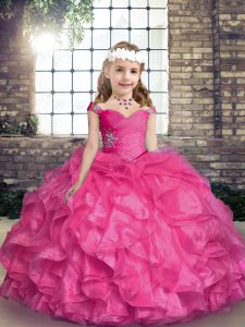 Hot Pink Sleeveless Beading and Ruffles Floor Length Little Girls Pageant Dress