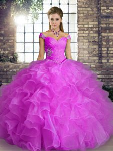 Lilac Organza Lace Up Quinceanera Gown Sleeveless Floor Length Beading and Ruffles