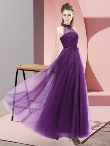 Halter Top Sleeveless Damas Dress Floor Length Beading and Appliques Dark Purple Tulle