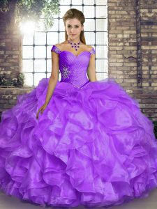 Eye-catching Off The Shoulder Sleeveless Organza Quinceanera Dresses Beading and Ruffles Lace Up