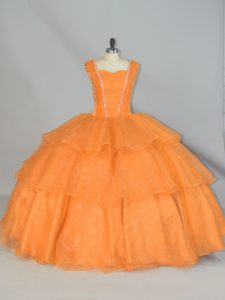 Beading and Ruffled Layers and Ruching Sweet 16 Dress Orange Lace Up Sleeveless Floor Length