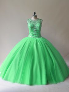 Graceful Green Lace Up 15th Birthday Dress Beading Sleeveless Floor Length
