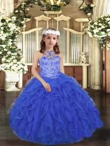 Royal Blue Tulle Lace Up Little Girls Pageant Gowns Sleeveless Floor Length Beading and Ruffles