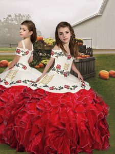 Latest Embroidery and Ruffles Kids Formal Wear Red Lace Up Sleeveless Floor Length