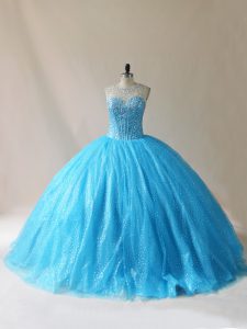 Shining Sleeveless Organza Floor Length Court Train Lace Up Ball Gown Prom Dress in Baby Blue with Beading and Appliques