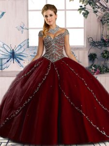 Cap Sleeves Beading Lace Up Sweet 16 Dress with Wine Red Brush Train