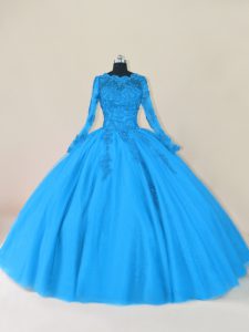 Trendy Floor Length Blue Sweet 16 Quinceanera Dress Tulle Long Sleeves Lace and Appliques