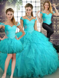 Aqua Blue Tulle Lace Up Off The Shoulder Sleeveless Floor Length Ball Gown Prom Dress Beading and Ruffles